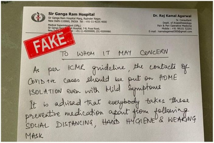 Prescription asking Covid-19 ’Contacts’ to home quarantine is fake: Delhi hospital